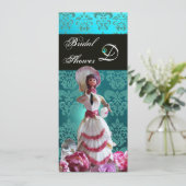 BLAUE DAMASK BEACH WEDD - BRAUTPARTY MONOGRAM EINLADUNG (Stehend Vorderseite)