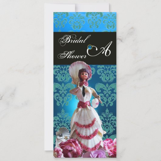 BLAUE DAMASK BEACH WEDD - BRAUTPARTY MONOGRAM EINLADUNG (Vorderseite)