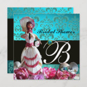 BLAUE DAMASK BEACH WEDD - BRAUTPARTY MONOGRAM EINLADUNG (Vorne/Hinten)