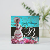 BLAUE DAMASK BEACH WEDD - BRAUTPARTY MONOGRAM EINLADUNG (Stehend Vorderseite)