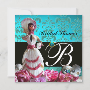 BLAUE DAMASK BEACH WEDD - BRAUTPARTY MONOGRAM EINLADUNG