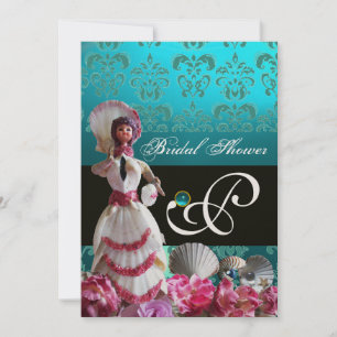 BLAUE DAMASK BEACH WEDD - BRAUTPARTY MONOGRAM EINLADUNG