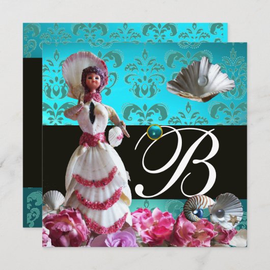 BLAUE DAMASK BEACH WEDD - BRAUTPARTY MONOGRAM EINLADUNG (Vorne/Hinten)