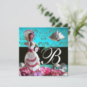 BLAUE DAMASK BEACH WEDD - BRAUTPARTY MONOGRAM EINLADUNG (Stehend Vorderseite)