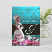 BLAUE DAMASK BEACH WEDD - BRAUTPARTY MONOGRAM EINLADUNG (Stehend Vorderseite)