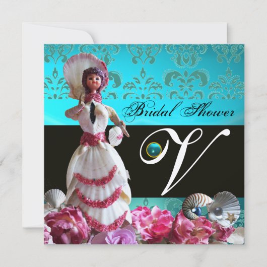 BLAUE DAMASK BEACH WEDD - BRAUTPARTY MONOGRAM EINLADUNG (Vorderseite)