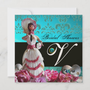 BLAUE DAMASK BEACH WEDD - BRAUTPARTY MONOGRAM EINLADUNG