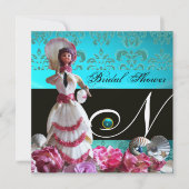 BLAUE DAMASK BEACH WEDD - BRAUTPARTY MONOGRAM EINLADUNG (Vorderseite)