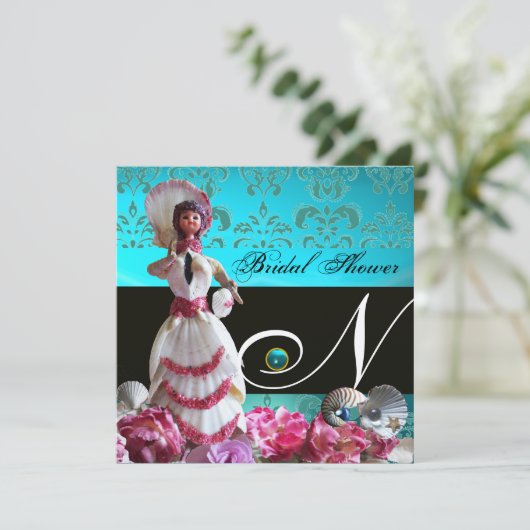 BLAUE DAMASK BEACH WEDD - BRAUTPARTY MONOGRAM EINLADUNG (Stehend Vorderseite)