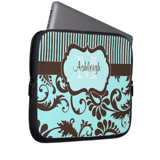 Blaue Damast-Laptop-Hülse Browns weiße gestreifte Laptopschutzhülle (Vorne Rechts)