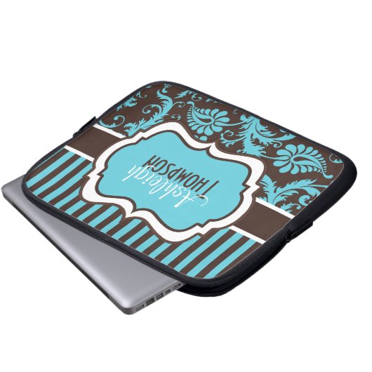 Blaue Damast-Laptop-Hülse Browns weiße gestreifte Laptopschutzhülle (Vorne Knopf)