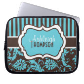 Blaue Damast-Laptop-Hülse Browns weiße gestreifte Laptopschutzhülle (Vorderseite)