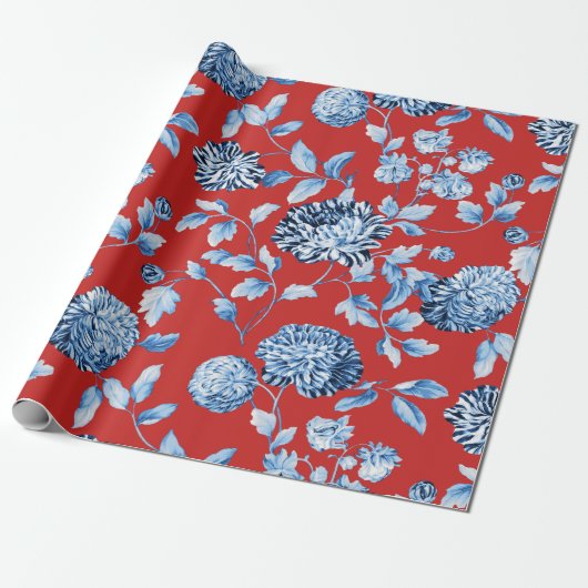 Blaue Dame Christmas Red Vintage Large BlumenToile Geschenkpapier (Ungerollt)