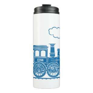 Blaue Dampflokomotive mit weißem Kindergrafik mit  Thermosbecher