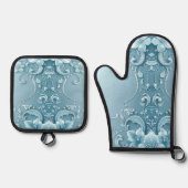 Blaue Dekorative Blumen Ofenhandschuh & Topflappen-Set (Vorderseite)