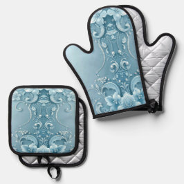 Blaue Dekorative Blumen Ofenhandschuh & Topflappen-Set