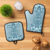 Blaue Dekorative Blumen Ofenhandschuh & Topflappen-Set (Oben Unten)