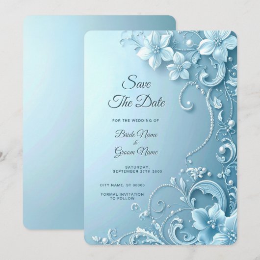 Blaue dekorative Blumen Save-the-Date-Karte Save The Date (Vorne/Hinten)