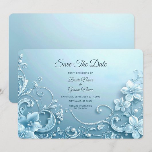 Blaue Dekorative Florale Save The Date (Vorne/Hinten)