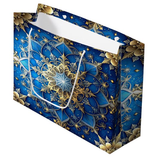Blaue dekorative Geschenktüte für Feiertage (Vorderseite Schrägansicht)