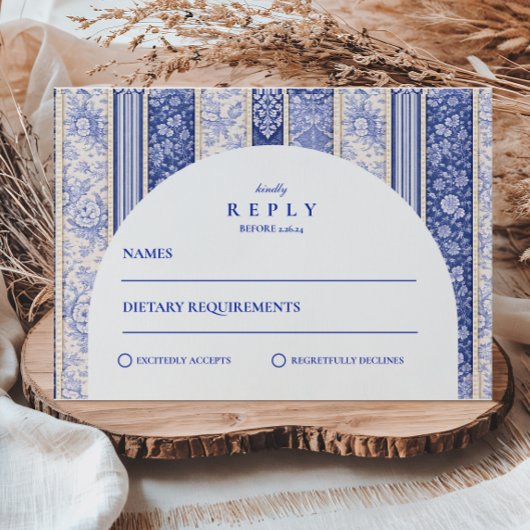 Blaue Delfter Fliesen-Patchwork-Hochzeit RSVP Karte
