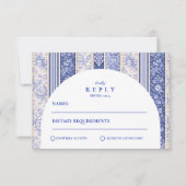 Blaue Delfter Fliesen-Patchwork-Hochzeit RSVP Karte (Vorderseite)