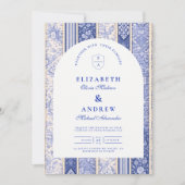Blaue Delfter Kachel-Patchwork-Hochzeit Einladung (Vorderseite)