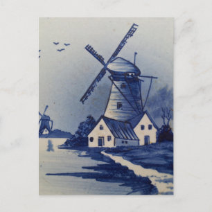 Blaue Delfter Windmühle im Vintage-Stil Postkarte