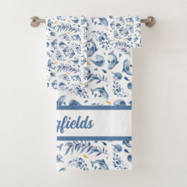 Blaue Delphine und Wellen Badhandtuch Set