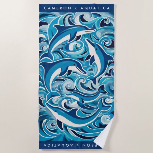Blaue Delphine & Waves individuell anpassbar Strandtuch (Vorderseite)