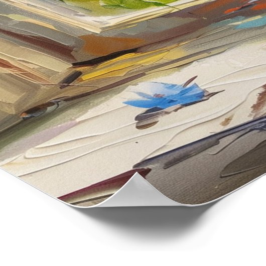 Blaue Delphinien in Vase am Fenster A.I. Poster (Ecke)