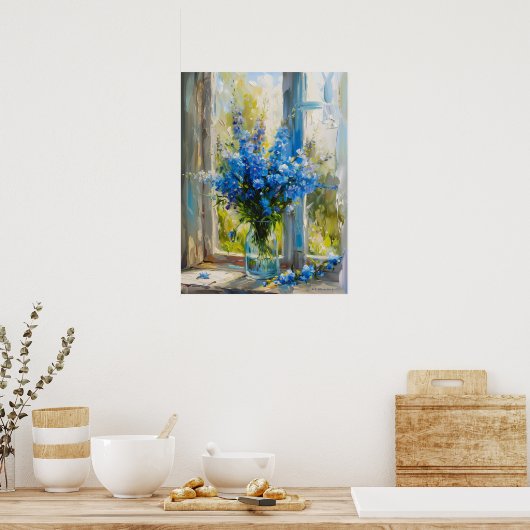 Blaue Delphinien in Vase am Fenster A.I. Poster (Küche)