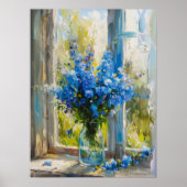 Blaue Delphinien in Vase am Fenster A.I. Poster (Vorne)