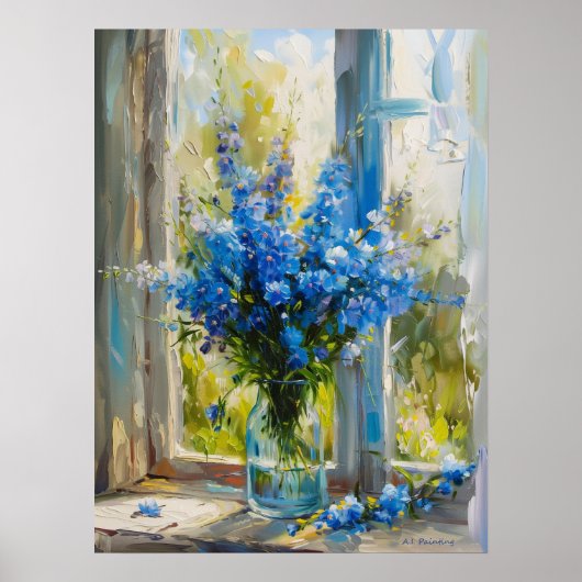 Blaue Delphinien in Vase am Fenster A.I. Poster (Vorne)