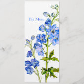Blaue Delphinium Art Hochzeitsmenü Menükarte (Vorderseite)