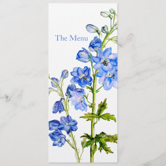 Blaue Delphinium Art Hochzeitsmenü Menükarte (Vorderseite)