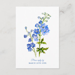 Blaue Delphinium-Blume für Hochzeitstiche Begleitkarte