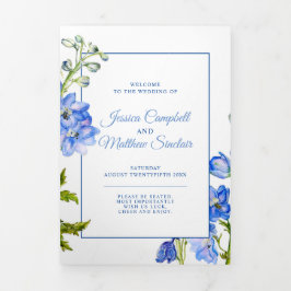 Blaue Delphinium-Blume Hochzeit Aquarell Tri-Fol Dreifach-gefaltete Programmkarte