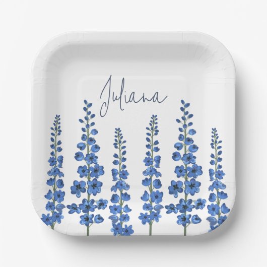 Blaue Delphinium-Blume im Juli Pappteller (Vorderseite)