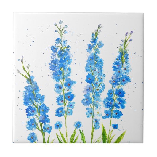 Blaue Delphinium florale Aquarell elegant rustikal Fliese (Vorderseite)