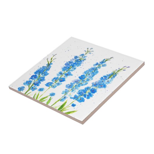 Blaue Delphinium florale Aquarell elegant rustikal Fliese (Seite)
