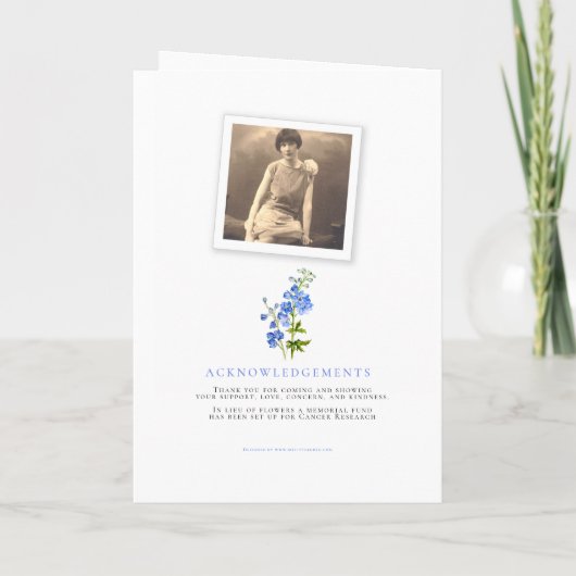 Blaue Delphinium-Fotos: Beerdigungsservice Programm (Rückseite)