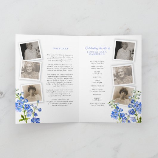 Blaue Delphinium-Fotos: Beerdigungsservice Programm (Innenseite)