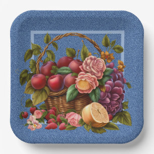 Blaue Denim-Früchte und -Blumen Pappteller