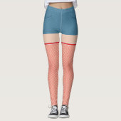 Blaue Denim Shorts mit roten und weißen Fischern Leggings (Vorderseite)