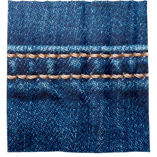 Blaue Denim-Textur mit Naht der Naht, Jeans Duschvorhang (Vorderseite)