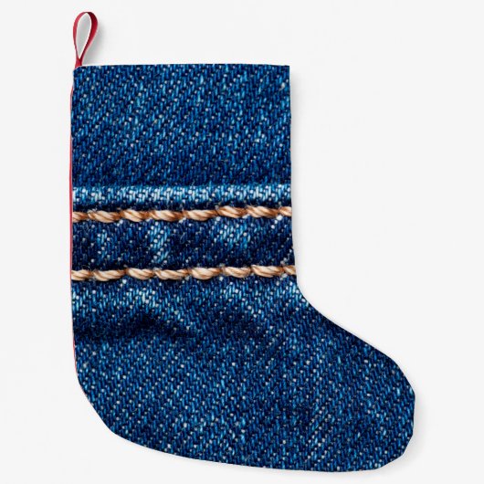 Blaue Denim-Textur mit Naht der Naht, Jeans Kleiner Weihnachtsstrumpf (Vorderseite)