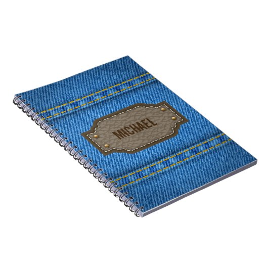 Blaue Denimjeans mit ledernem Namensaufkleber Notizblock (Rechte Seite)