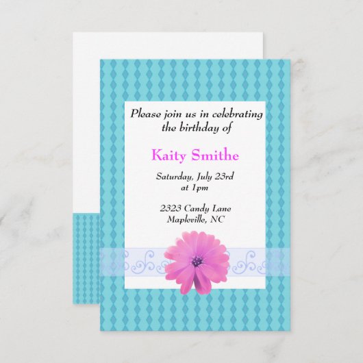 Blaue Diamanten und Blumengeburtstag Einladung (Vorne/Hinten)