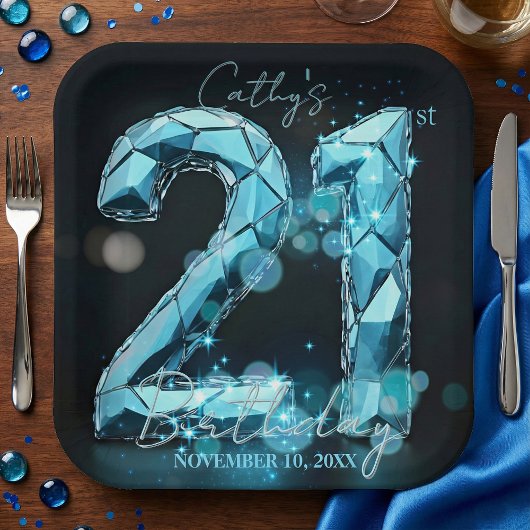 Blaue Diamantkristall 21. Geburtstag Schwarz Pappteller